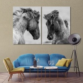 Horses large black and white canvas wall art, two horses white artwork