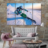 Skiing in the snowy mountains art prints