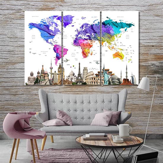 World map with monuments artistic prints on canvas