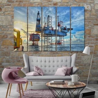 Oil drilling wall art for office, oil well on water print canvas art