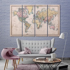 Vintage map art printing on canvas, push pin world map home decor