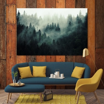 Dark forest modern wall art for living room, foggy forest decor art