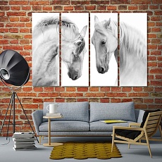White horses animal pictures home decor, black and white home art
