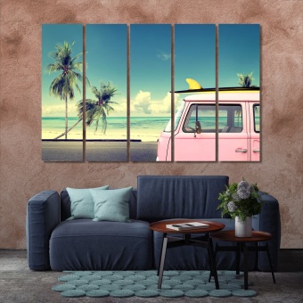 Beach beautiful wall decor, vintage car in the with a surfboard art