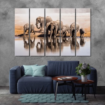 Elephants at the watering hole artistic prints on canvas