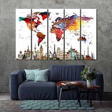 Push pin world map home decor pictures, map with monuments print art